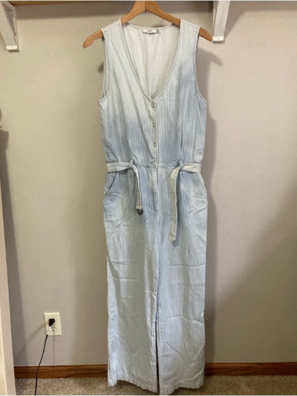 Obey Ombre Light Blue Pinstripe Sleeveless Belted Jumpsuit, size medium - Picture 5 of 9